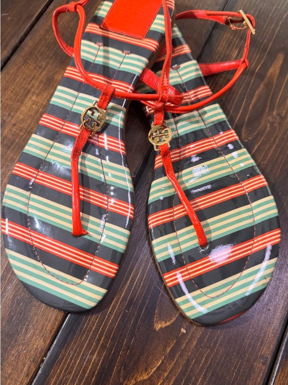 Tory Burch Red Patent Leather Thong Sandals with Striped Footbed 9.5